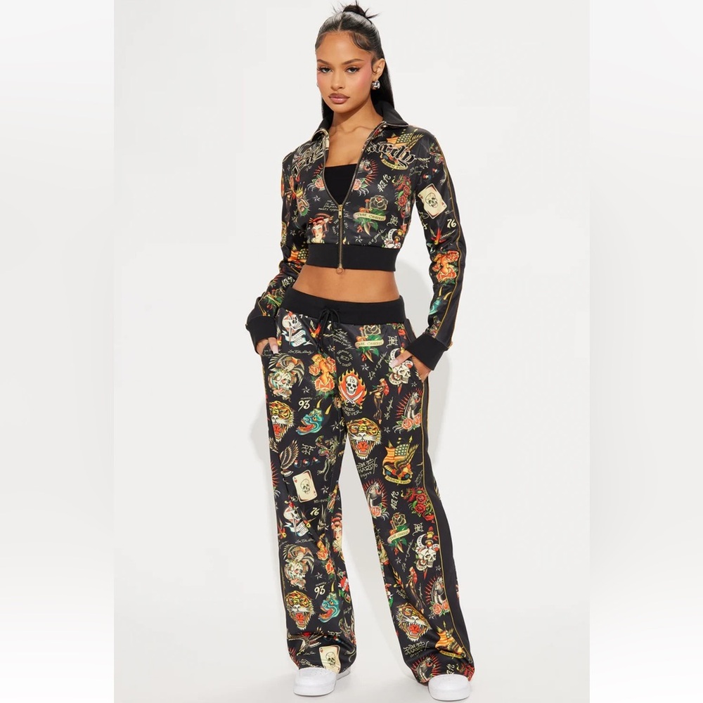 NEW! ED HARDY Y2K Shrunken Flashboard Tracksuit Jacket & Pant Set Size S